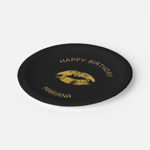 Gold Glitter Lips Over Black Background Paper Plates