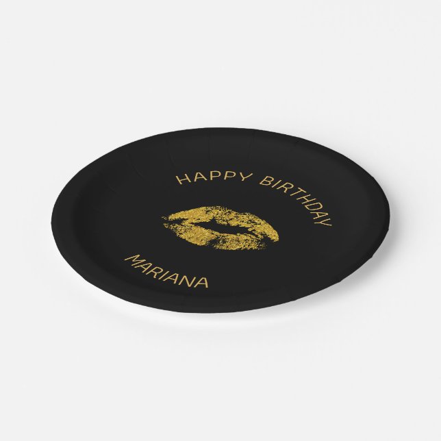 Gold Glitter Lips Over Black Background Paper Plates (Angled)
