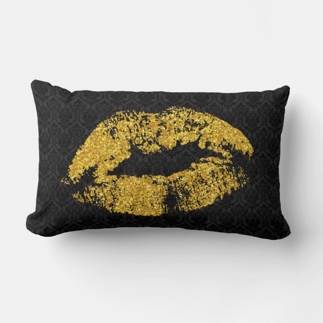 Gold Glitter Lips Over Black Damask Lumbar Pillow (Front)
