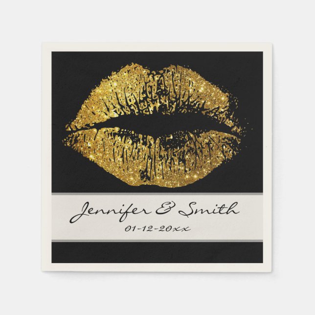 Gold Glitter Lips Paper Napkins (Front)