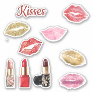 Gold Glitter Lips Red Kisses Sticker