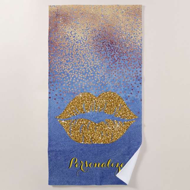 Gold Glitter Lips Sparkle Glam Personalized Beach Towel (Front)