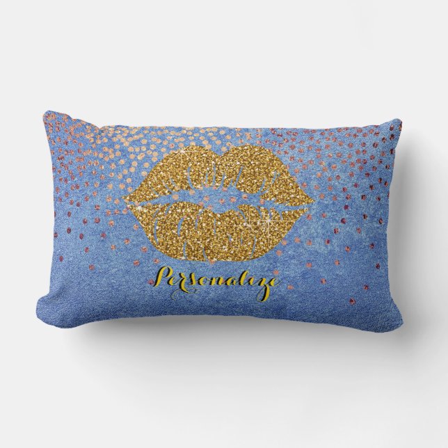 Gold Glitter Lips Sparkle Glam Personalized Lumbar Pillow (Front)