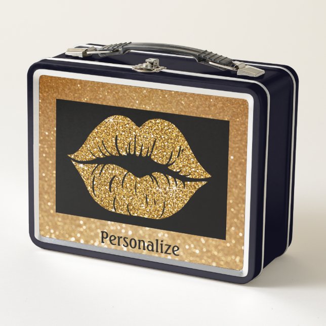 Gold Glitter Lips Sparkle Trendy Personalize Metal Lunch Box (Front)