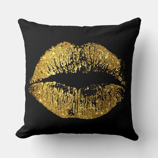 Gold Glitter Lips Throw Pillow (Front)