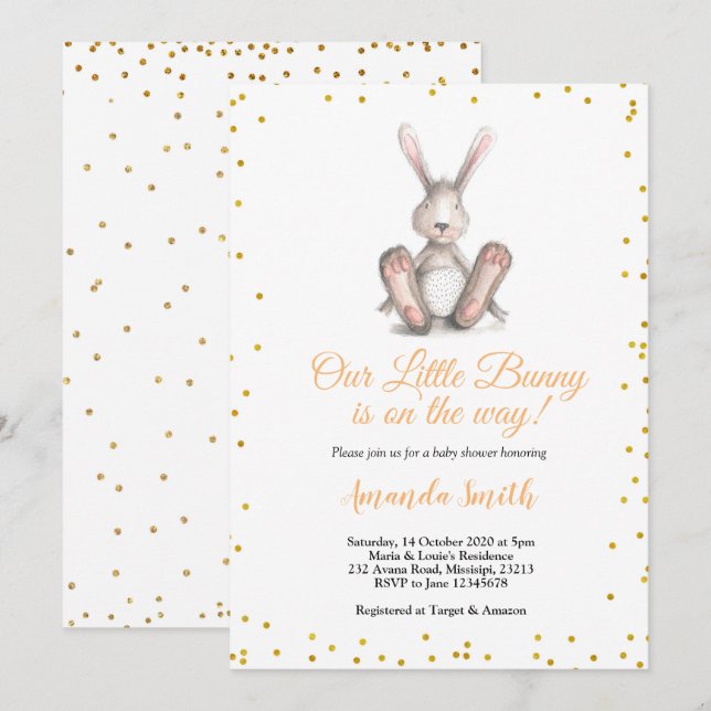 Gold Glitter Little Bunny Baby Shower Invitation (Front/Back)