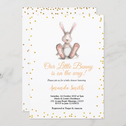 Gold Glitter Little Bunny Baby Shower Invitation