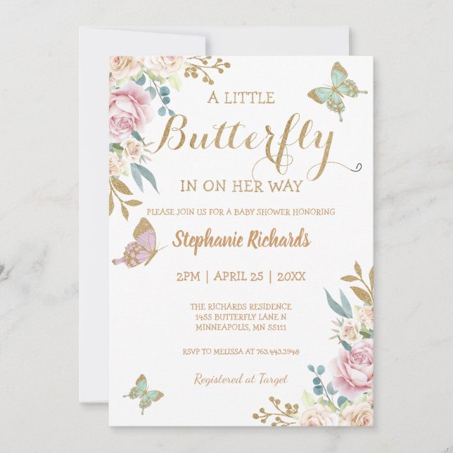 Gold Glitter Little Butterfly Rose Baby Shower Invitation (Front)