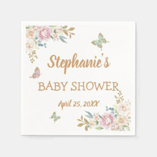 Gold Glitter Little Butterfly Rose Baby Shower Napkins
