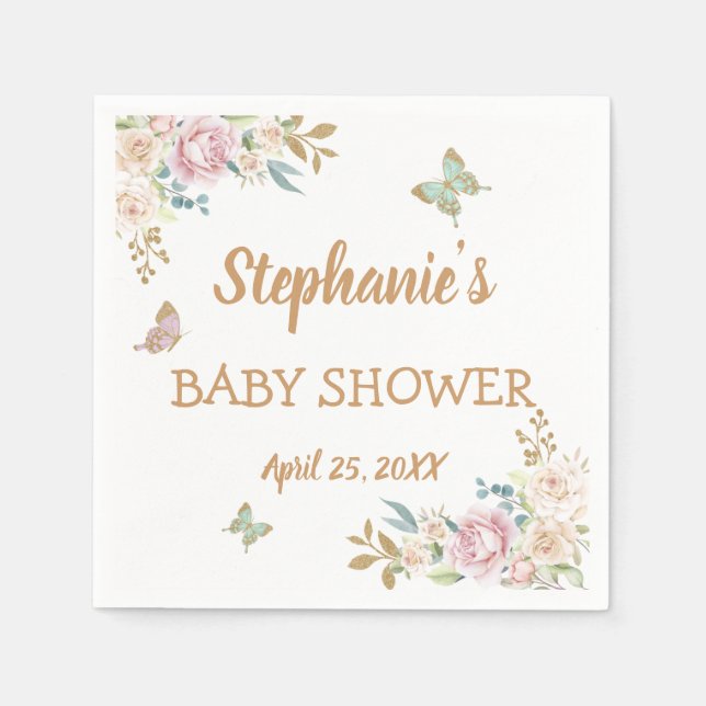 Gold Glitter Little Butterfly Rose Baby Shower Napkins (Front)