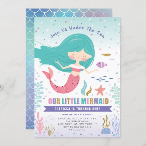 Gold Glitter Little Mermaid Kids Birthday Party Invitation