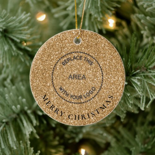 Gold Glitter Logo Company Name Merry Christmas Ceramic Ornament