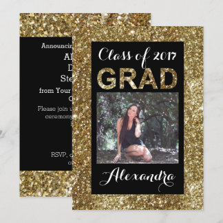 Gold Glitter-Look Class of 2017 Photo Graduation Invitation