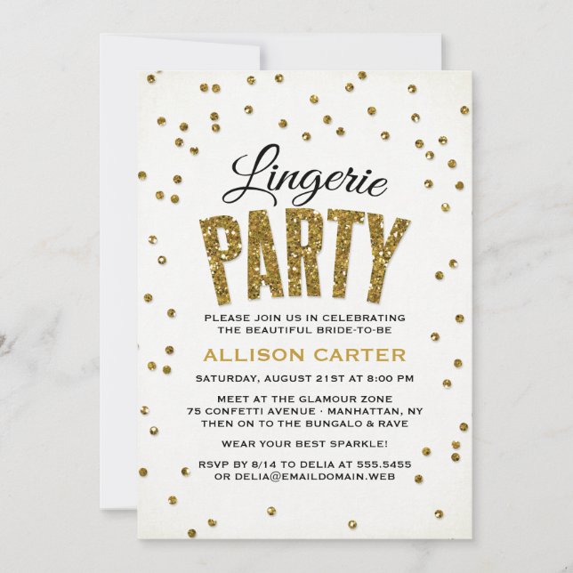 Gold Glitter Look Confetti Lingerie Party Invitation (Front)