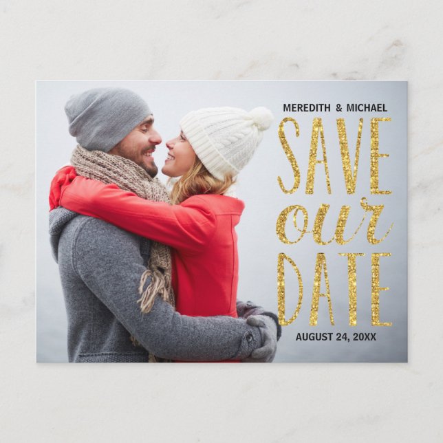Gold Glitter-Look Lettering Photo Save the Date Announcement Postcard (Front)