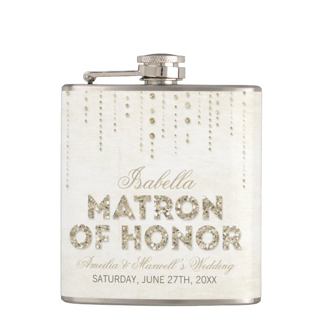 Gold Glitter Look Matron of Honor Flask (Front)