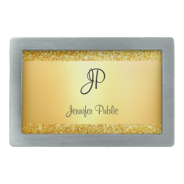 Gold Glitter Look Modern Monogrammed Template Belt Buckle (Front)