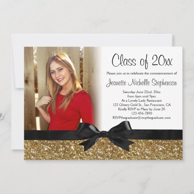 Gold Glitter-look Ribbon Bow Photo Graduation Invitation (Front)