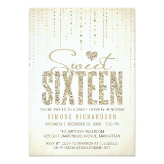 Gold Glitter Look Sweet 16 (Sixteen) Party Card