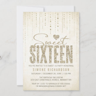 Gold Glitter Look Sweet 16 (Sixteen) Party Invitation