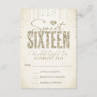 Gold Glitter Look Sweet Sixteen RSVP Card