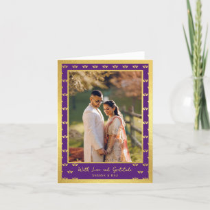 Gold Glitter Lotus Flower Wedding Photo Folded Letterpress Thank You Card