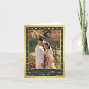Gold Glitter Lotus Flower Wedding Photo Folded Letterpress Thank You Card
