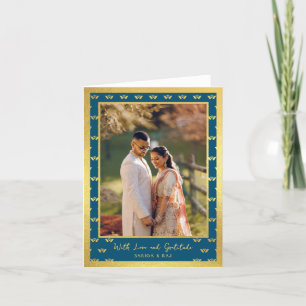 Gold Glitter Lotus Flower Wedding Photo Folded Thank You Card