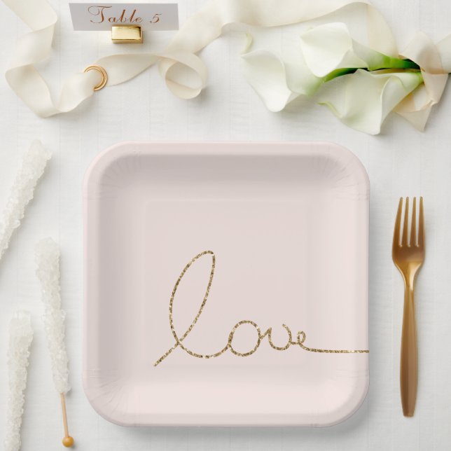 Gold Glitter Love Blush Pink Shell Paper Plates (Wedding)