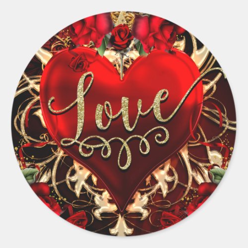 Gold Glitter Love Heart  Red Roses Party Favor Classic Round Sticker