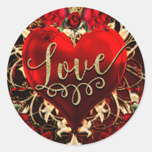 Gold Glitter Love Heart & Red Roses Party Favor Classic Round Sticker