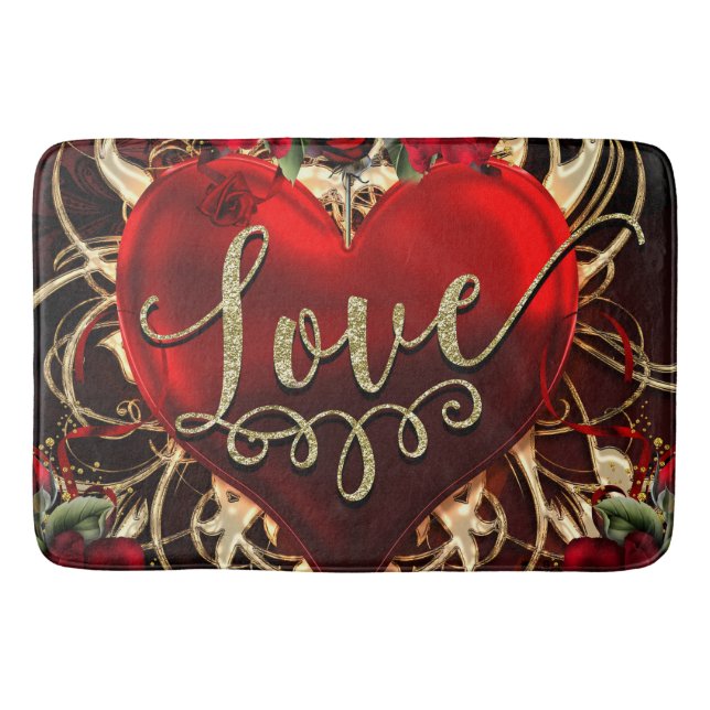Gold Glitter Love Heart & Red Roses Romantic Bathroom Mat (Front)