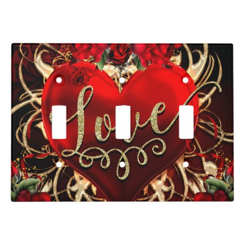 Gold Glitter Love Heart  Red Roses Romantic Light Switch Cover