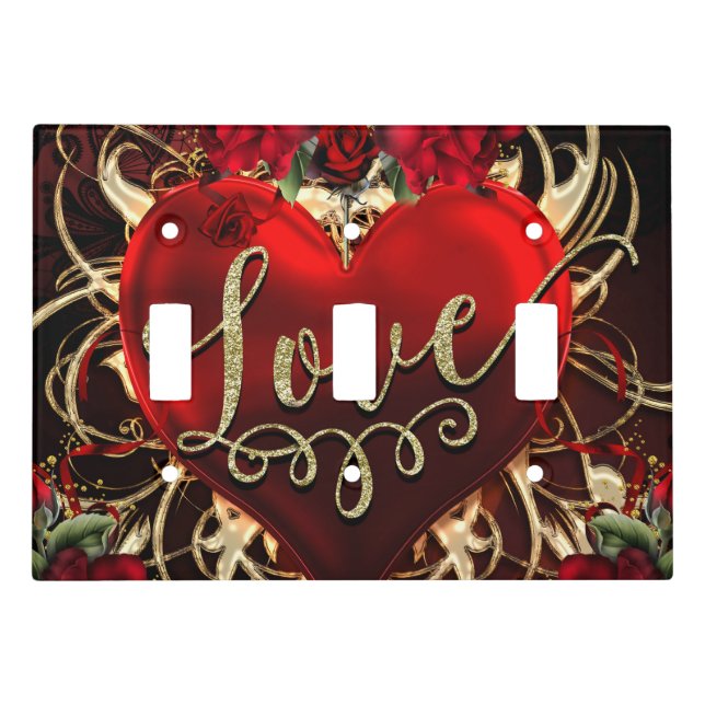 Gold Glitter Love Heart & Red Roses Romantic Light Switch Cover (Front)