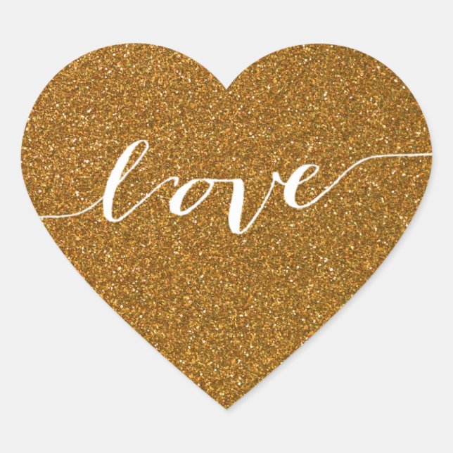 Gold Glitter Love Heart Wedding Favor Sticker (Front)