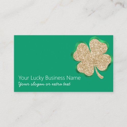 Gold Glitter Lucky Four Leaf Clover on Green Business Card