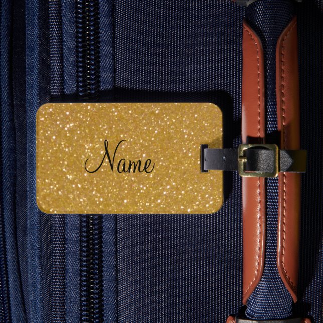 Gold glitter luggage tag with faux shiny glimmers (Front Insitu 4)