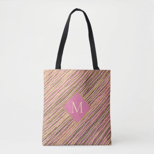 Gold Glitter Luxury Monogram Stripes Pink Tote Bag