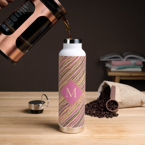 Gold Glitter Luxury Monogram Stripes Pink Water Bottle