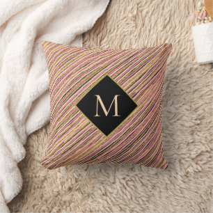 Gold Glitter Luxury Monogram Stripes Throw Pillow