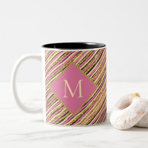 Gold Glitter Luxury Stripes Monogram Pink Two_Tone Coffee Mug