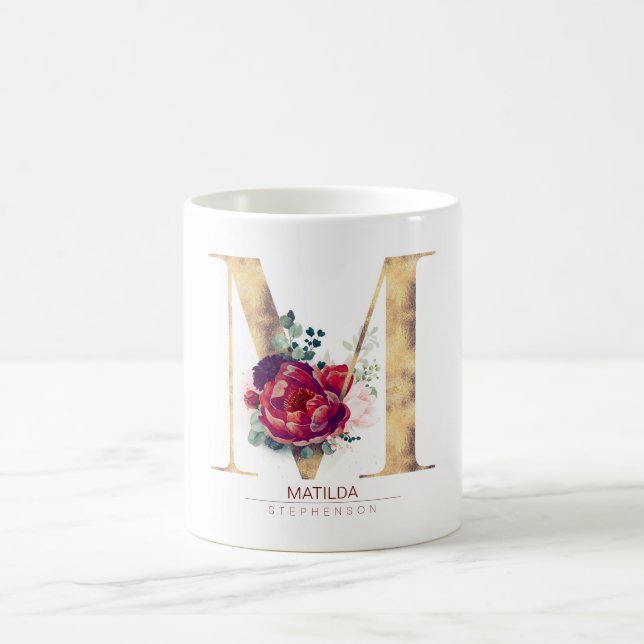 Gold Glitter M Monogram Floral Burgundy Red Coffee Mug (Center)