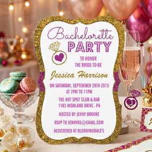 Gold Glitter & Magenta Pink Bachelorette Party Invitation