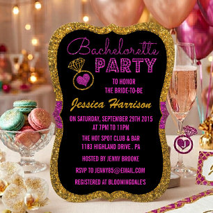 Gold Glitter & Magenta Pink Bachelorette Party Invitation