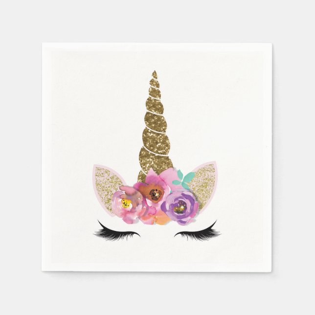Gold Glitter Magical Unicorn Horn Birthday Party Napkins (Front)