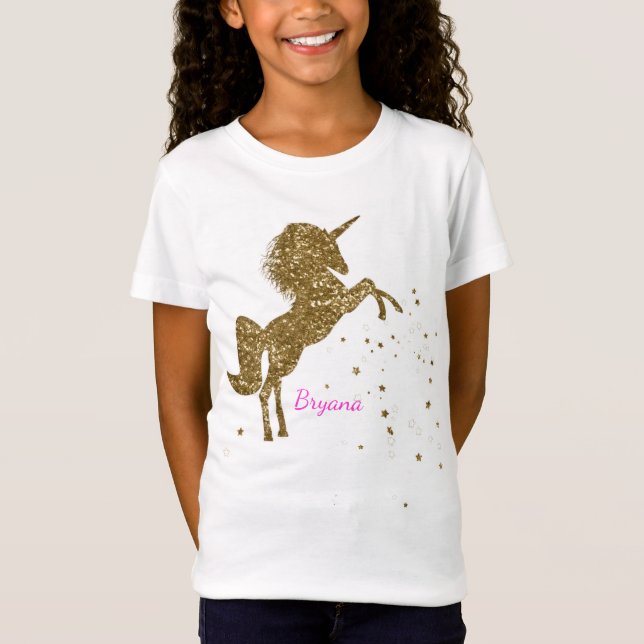 Gold Glitter Magical Unicorn & Stars Personalized T-Shirt (Front)