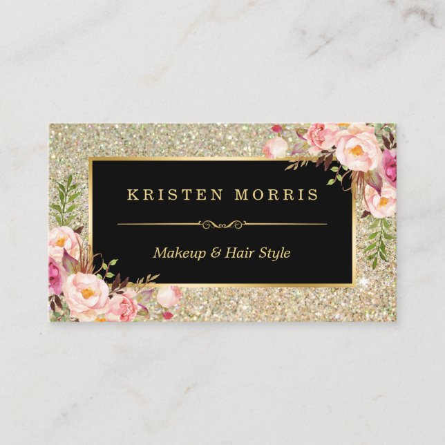 Gold Glitter Makeup Artist Hair Salon Floral Wrap Business Card (Front)