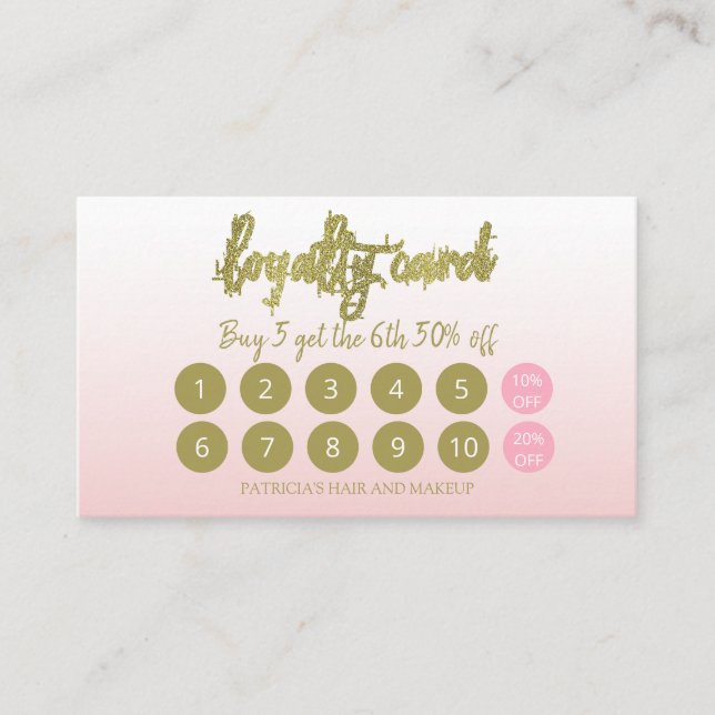 Gold Glitter Makeup Artist Hair Salon Loyalty Card (Front)