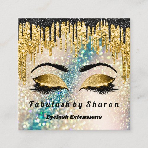 Gold Glitter  Makeup Artist Lashes Holograph Teal Square Business Card