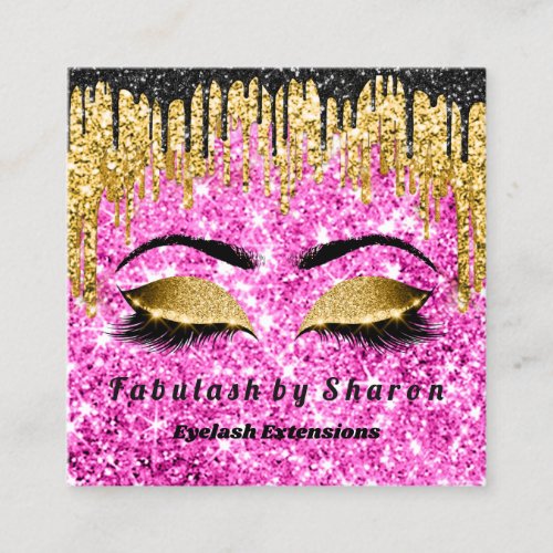 Gold Glitter  Makeup Artist Lashes Logo Pink Square Business Card
